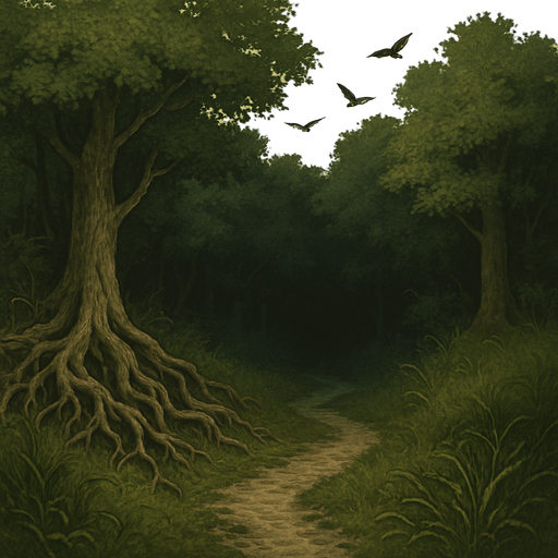 The edge of a thick medieval forest, tangled roots and wild grass, birds flying above, a worn path leading into shadow, realistic.
In-Game asset.  2d.  High contrast.  No shadows