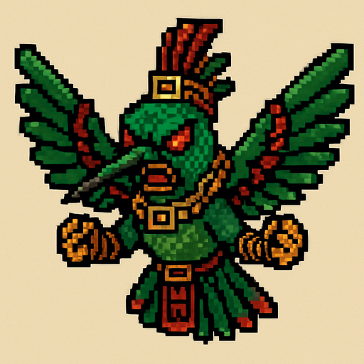 Genérame una olibrí Esmeralda Andina guerrero azteca con eso patrones, estilo pixelar, con una apariencia maligna, ojos rojos, rabioso. Unidad aerea con alas. Animal.
In-Game asset.  2d.  High contrast.  No shadows