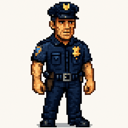 police officer pixel. detaylı surat full body
In-Game asset.  2d.  High contrast.  No shadows