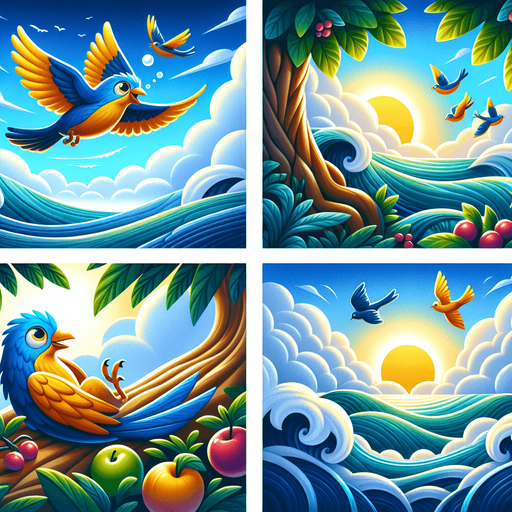 it could imagine flying high in the sky, touching the sea, catching fish, eating fruit, and flying with a flock..
Single Game Texture. In-Game asset. 2d. Blank background. High contrast. No shadows.