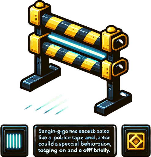 Type	Standard Design	Unique Alternative	Special Behavior
Barrier	Police tape	Laser gate	Briefly toggles on/off.
Single Game Texture.  In-Game asset.  2d.  Blank background.  High contrast.  No shadows