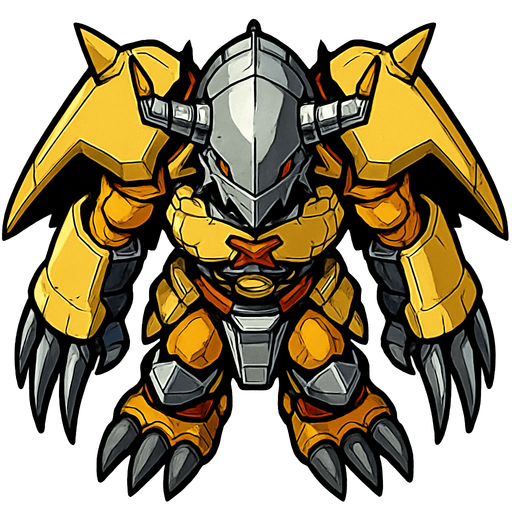 Wargreymon, visto desde arriba, detalles muy altos, sin errores idéntico.
In-Game asset.  2d.  High contrast.  No shadows
