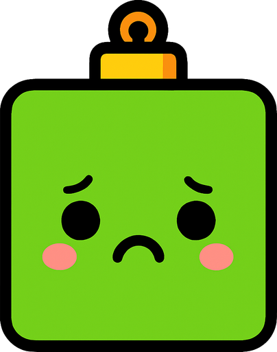 a sad perfectly square bright green Christmas decoration with cute happyy face. Cartoon style. Cute art style. Simple vector style. No Shadows.
In-Game asset.  2d.  High contrast.  No shadows