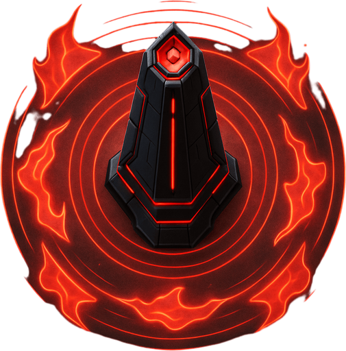 top-down view, high-tech energy obelisk, emits area energy pulses, holographic fire shield patterns, black and red glowing accents.
In-Game asset.  2d.  High contrast.  No shadows