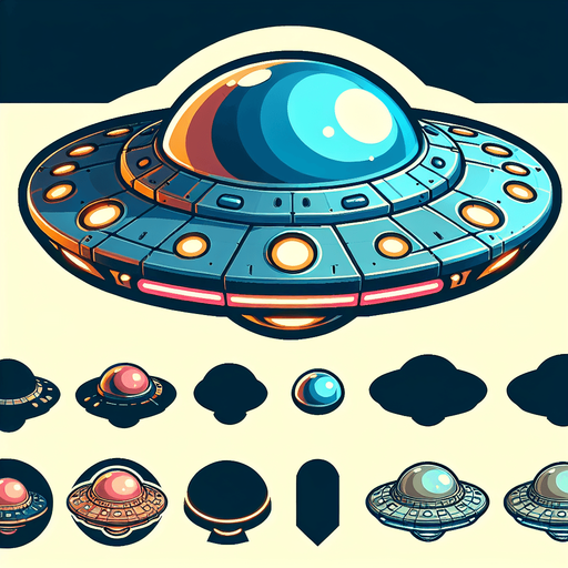 game flying saucer.
Single Game Texture.  In-Game asset.  2d.  Blank background.  High contrast.  No shadows