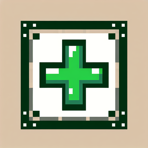 green plus sign
Single Game Texture. In-Game asset. 2d. Blank background. High contrast. No shadows. pixel. 8 bit