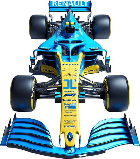 Photorealistic Renault F1 race car, top view. Bright skyblue body. Banana Yellow nose with blue sidelines.
Royalblue Front and Rear wing. Neon-yellow ,,Telefonicai" text on rearwing. 
White ,,TEAM SPIRIT" text on nose. Blue ,,RENAIULT" text on body.