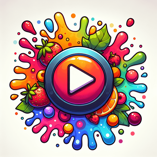 "play" text written on the button fruits splash around the border.
Single Game Texture.  In-Game asset.  2d.  Blank background.  High contrast.  No shadows