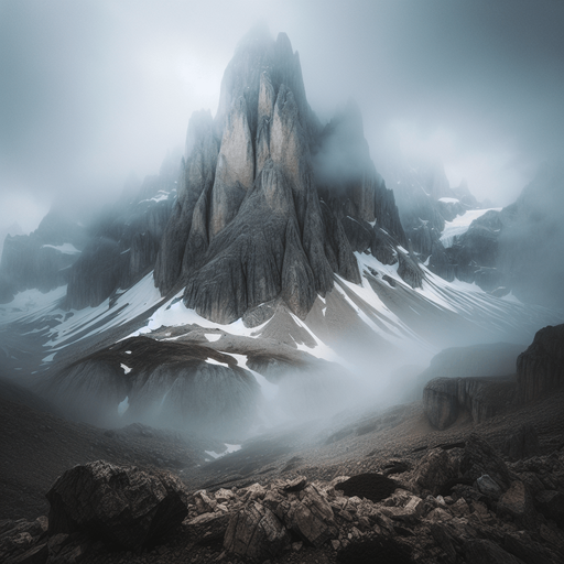 a rocky foggy mountain