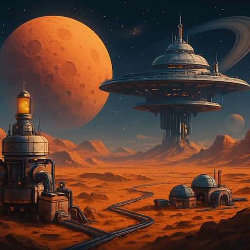 Fullscreen modern App Store landscape banner, 16:9, high definition, for a game titled "Gezegen" and with the description "Kendi uzay kolonini kur, kaynakları topla, otomasyon sistemleri geliştir ve diğer kolonilerle stratejik savaşlara girerek galaksinin hakimi ol!". No text on banner!, Uzay istasyonu, Gezegen