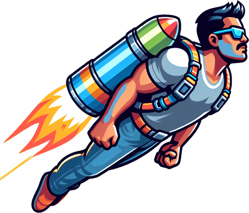 Person flying with jetpack with color.
Single Game Texture.  In-Game asset.  2d.  Blank background.  High contrast.  No shadows
