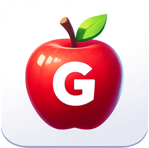 the "G" sign on the red apple.
Single Game Texture. In-Game asset. 2d. Blank background. High contrast. No shadows.