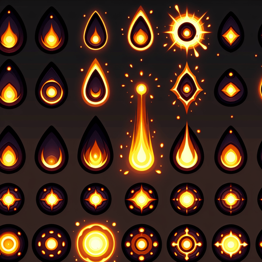 A sprite sheet of energy projectiles. Dark orange projectiles tear shaped with yellow energy core.
Single Game Texture. In-Game asset. 2d. Blank background. High contrast. No shadows.