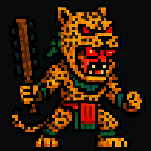Genérame una Jaguar guerrero azteca con eso patrones, estilo pixelar, con una apariencia maligna, ojos rojos, rabioso. Unidad cuerpo a cuerpo.
In-Game asset.  2d.  High contrast.  No shadows