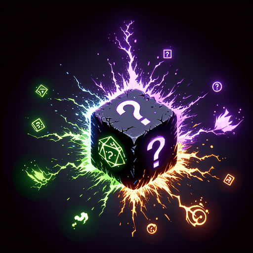 A crackling spark of energy rapidly shifting between multiple colors (purple, green, orange). Could also be a die symbol with elemental icons instead of pips, or a weapon impact with a question mark..
Single Game Texture.  In-Game asset.  2d.  Blank background.  High contrast.  No shadows