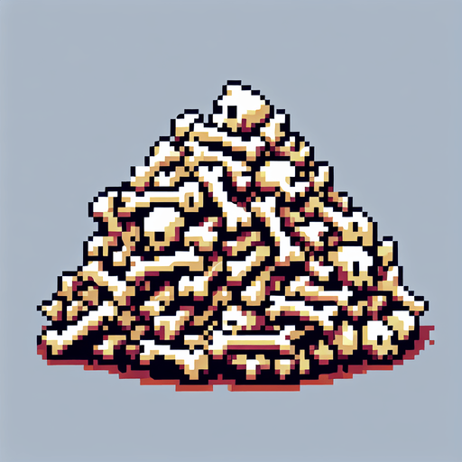 Single Game Texture. In-Game asset. 2d. Blank background. High contrast. No shadows. Single Game Texture. In-Game asset. 2d. Blank background. High contrast. No shadows. A pixel art sprite in a Super Nintendo, Super Castlevania style that looks like a small pile of bones