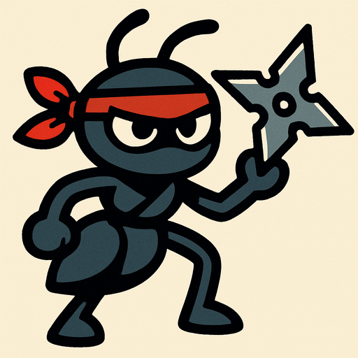 elinde shuriken olan ninja karınca.
In-Game asset.  2d.  High contrast.  No shadows