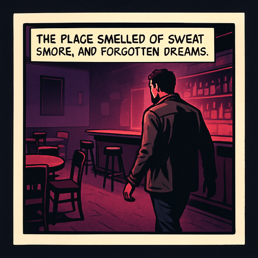 A comic panel styled like a square photo print with a clean white border. Realistic comic art. Scene: Inside a dimly lit bar, red and purple hues, empty chairs, bar counter glowing faintly. Noah walks in cautiously. Narrator box at the top reads: “The place smelled of sweat, smoke, and forgotten dreams.”.
In-Game asset.  2d.  High contrast.  No shadows