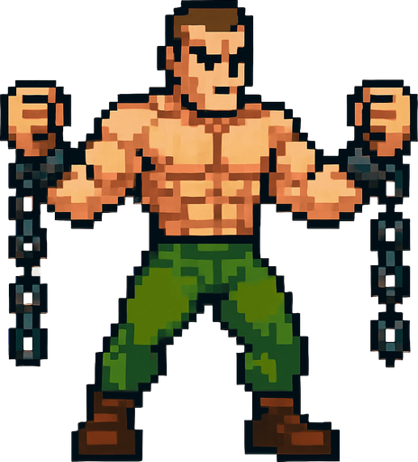 A normal human being but has chains on arms and muscular body pixelart.
In-Game asset.  2d.  High contrast.  No shadows