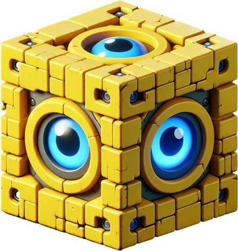 yellow cube with blue eyes.
Single Game Texture. In-Game asset. 2d. Blank background. High contrast. No shadows.