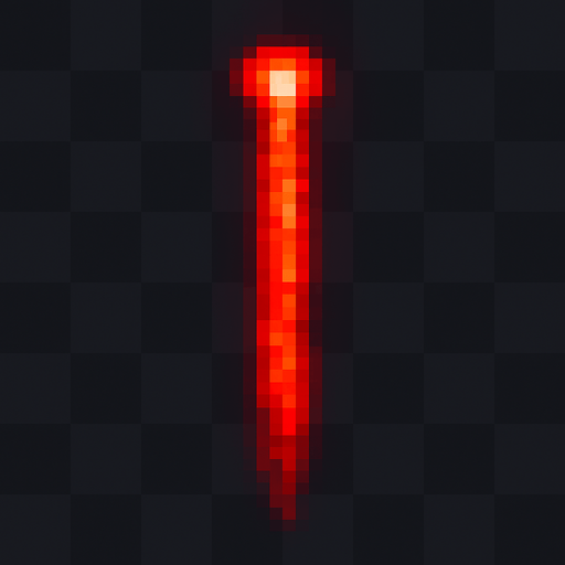 A bright red laser beam for a 2D arcade breakout game.
It should be a narrow vertical beam, glowing with energy and fading slightly toward the tip.
Style: pixel-art or retro arcade effect.
Straight line, no curve.
Transparent background, top-down view.
Use neon red with a light glow.
Resolution: 16x64 px or 32x128 px..
In-Game asset.  2d.  High contrast.  No shadows