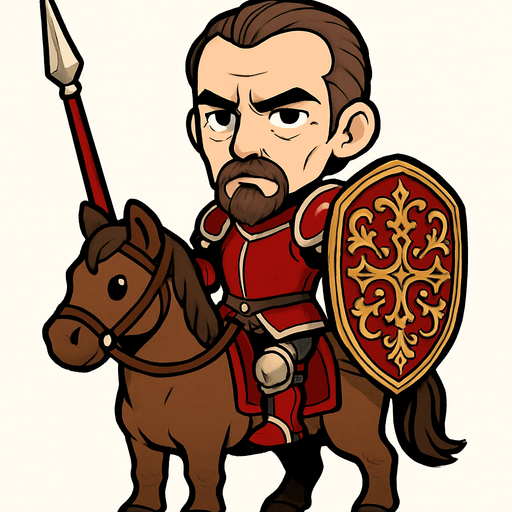 Un caballero jinete en estilo chibi/cuerpo completo. Es un hombre delgado de aproximadamente 50 años, con barba de chivo bien marcada y expresión seria pero orgullosa. Lleva una armadura roja con detalles plateados brillantes, elegante y clásica. Porta una larga lanza de justas en una mano y un gran escudo ovalado en la otra, el cual está muy decorado con símbolos y adornos llamativos. Está montado sobre un caballo robusto y elegante, en pose firme y heroica. El estilo es chibi, pero mantiene la imponencia de un caballero veterano..
In-Game asset.  2d.  High contrast.  No shadows