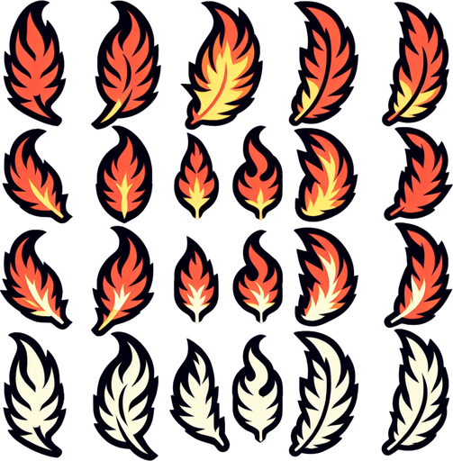 A sprite sheet of Phoenix feathers. Single feather..
Single Game Texture. In-Game asset. 2d. Blank background. High contrast. No shadows.