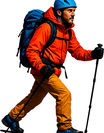 As un alpinista caminando que sea una persona real.
In-Game asset.  2d.  High contrast.  No shadows