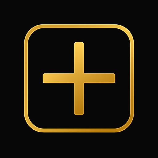 Boton de signo de mas elegante de color dorado con fondo negro.
In-Game asset.  2d.  High contrast.  No shadows