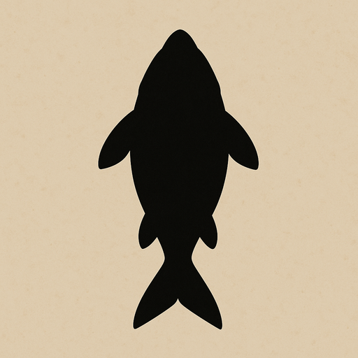 The dark shadow  silhouette of a fish. Top down view.
In-Game asset.  2d.  High contrast.  No shadows
