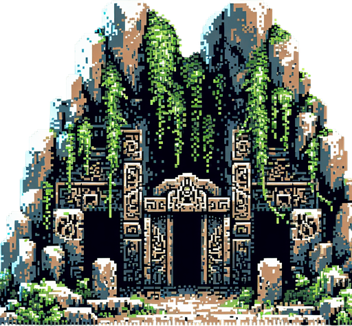 Create an 8-bit pixelated entrance to a mystical cave-like dungeon with two distinct, rugged doorways carved into a mountainside. The scene should have an ancient, mysterious atmosphere, with overgrown vines and faintly glowing symbols etched into the stone..
Single Game Texture. In-Game asset. 2d. Blank background. High contrast. No shadows.