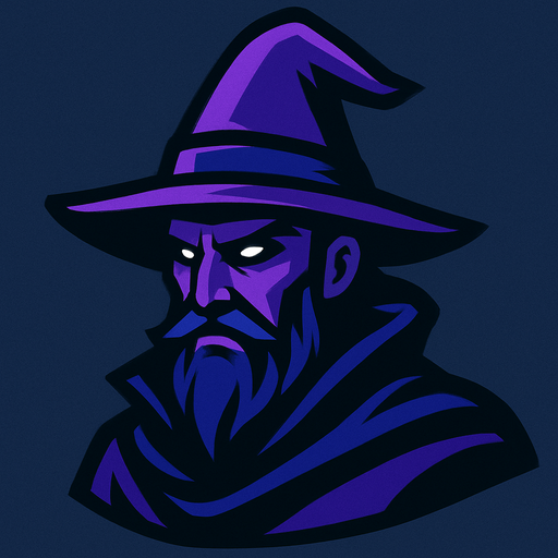 A very mysterious and cool man with a purple hat a wizard character's head is purple and dark blue themed.
In-Game asset.  2d.  High contrast.  No shadows