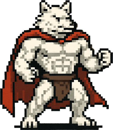 Lobo blanco fuerte revelando sus pectorales pero usando una capa y un taparrabos, que se vea todo su cuerpo y pixelado.
In-Game asset.  2d.  High contrast.  No shadows