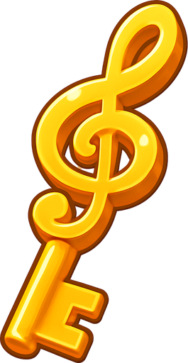 a delicious looking isometric symphony shaped golden key drawn as a 2D illustration for a cute mobile game.
In-Game asset.  2d.  High contrast.  No shadows