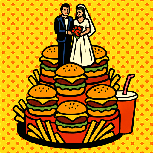 90s comic book style fast food style wedding cake.
In-Game asset.  2d.  High contrast.  No shadows