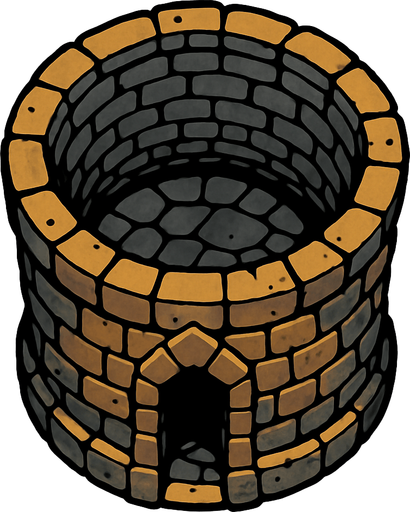 top view, stone high tower..
In-Game asset.  2d.  High contrast.  No shadows