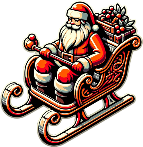 Santa on a sleigh top view.
Single Game Texture. In-Game asset. 2d. Blank background. High contrast. No shadows.