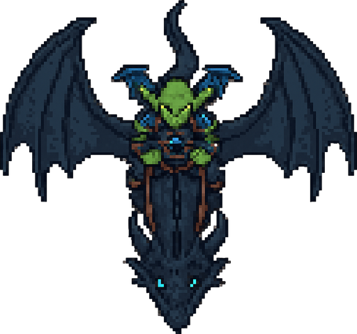 “Top-down pixel art of a goblin riding a flying  black - dark blue dragon. The dragon has wide, leathery wings fully extended, a long tail, sharp back ridges, and glowing blue eyes. It’s flying mid-air, viewed directly from above. The goblin is sitting on the dragon’s back,  blue dragon wings, holding reins or gripping a saddle, wearing dark fantasy armor with blue glowing runes. Designed as a 2D game sprite with a fantasy style, organic (non-mechanical) dragon, both characters seen from above.”.
In-Game asset.  2d.  High contrast.  No shadows