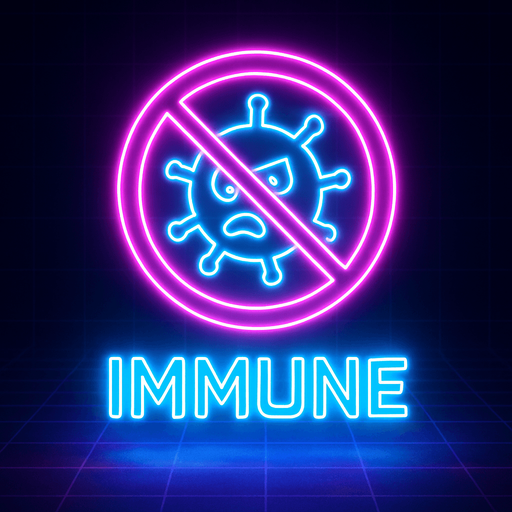 neon cyberpunk glowing IMMUNE button blue pink futuristic videogame hologram a crossed circle with cartoon microbe