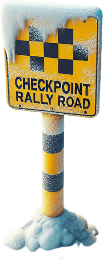 Photorealistic Yellow Checkpoint rally roadsignal covered by snow, drone view.