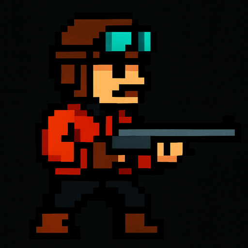 Un changón con un tipo piloto peinado que tengo una ropa roja y negra y que sea tipo pixelar.
In-Game asset.  2d.  High contrast.  No shadows