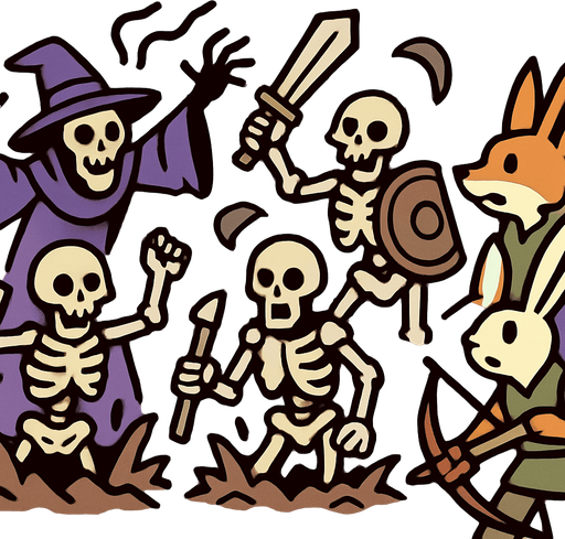 esqueletos guerreros que salen de la tierra por un brujo, miesntras un ballero zorro y un conejo arquero miran asombrado.
In-Game asset.  2d.  High contrast.  No shadows