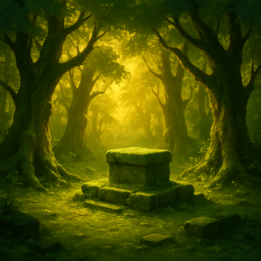 A mystical medieval forest glade with ancient trees, golden sunlight filtering through leaves, stone altar covered in moss, enchanted and sacred atmosphere, realistic.
In-Game asset.  2d.  High contrast.  No shadows