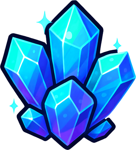 Crea un icono de cristales que represente el recurso mágico y avanzado. Debe ser un pequeño clúster de cristales facetados y brillantes (pueden ser de un solo color dominante o una mezcla sutil de azul, verde y púrpura), vistos directamente desde arriba. La superficie superior debe mostrar los planos de los cristales y un brillo translúcido que sugiera su naturaleza energética..
In-Game asset.  2d.  High contrast.  No shadows