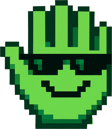 make an 2d green pixel hand palm with sun glasses and smile.
In-Game asset.  2d.  High contrast.  No shadows