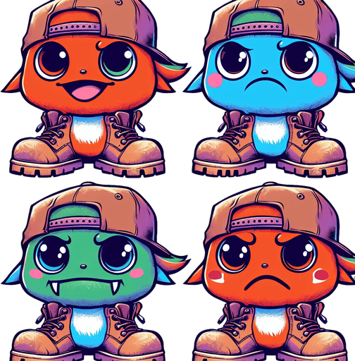 a cute monster in 4 emotions (happy, sad, hungry and neutral) wearing a snapback and Timberland shoes in Anime theme Single Game Texture. In-Game asset. 2d. Blank background. High contrast. No shadows.
