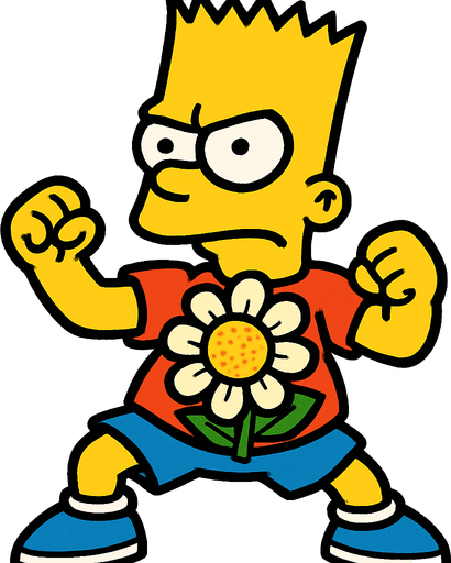 Bart in a fighting pose with a flower's head in his shirt.
In-Game asset.  2d.  High contrast.  No shadows