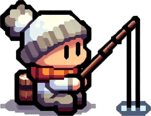 Мультяшный рыбак зимой сидит рыбачит.
Single Game Texture.  In-Game asset.  2d.  Blank background.  High contrast.  No shadows