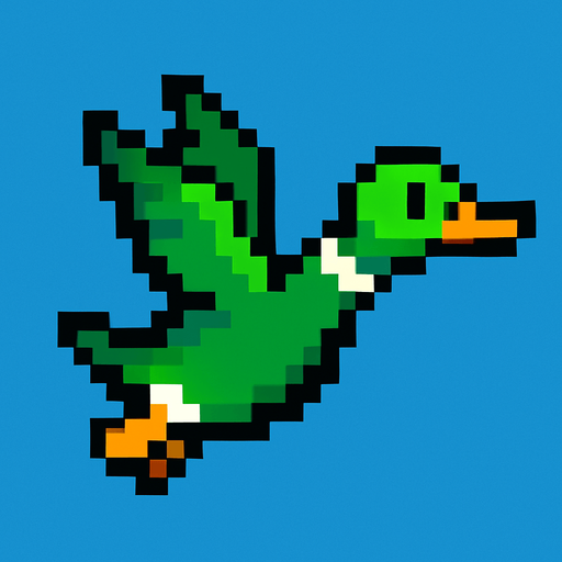 pixart green duck flying.
In-Game asset.  2d.  High contrast.  No shadows