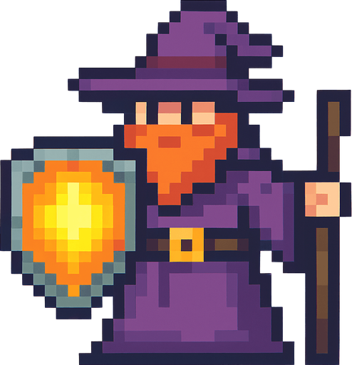 piksel kalkanlı büyücü.
In-Game asset.  2d.  High contrast.  No shadows